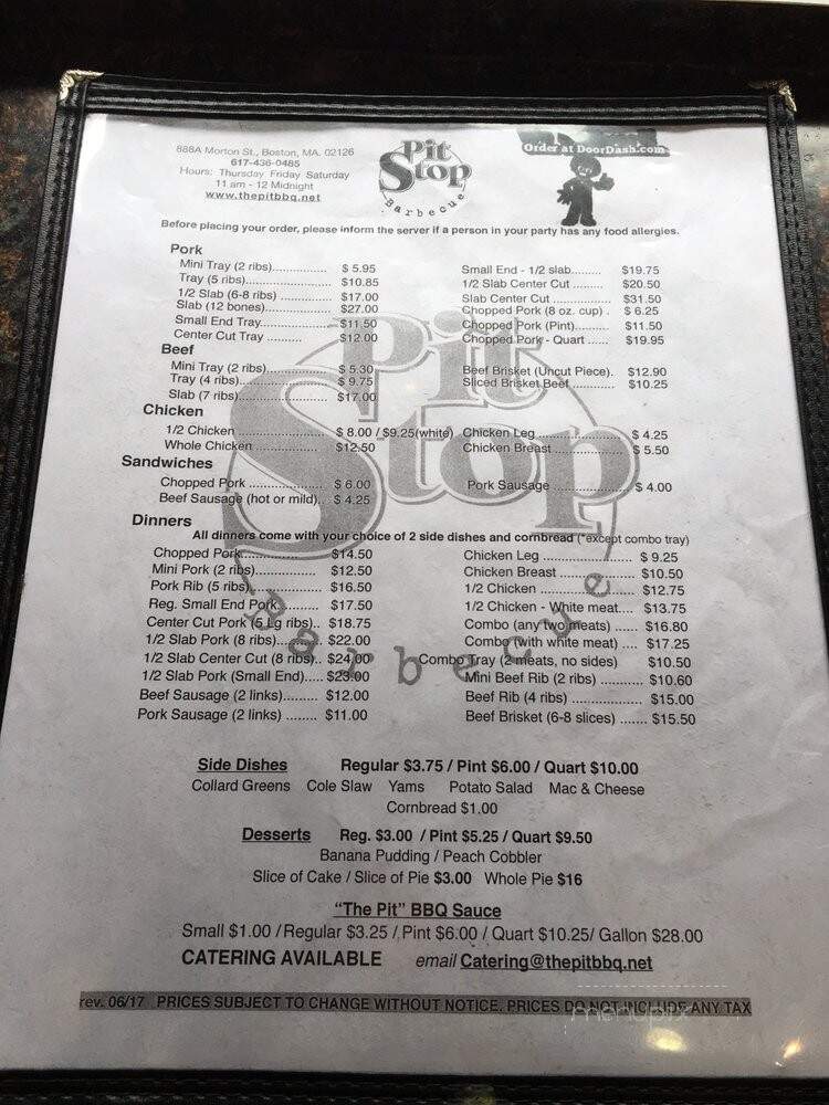 Pit Stop Barbeque - Mattapan, MA menu_pic
