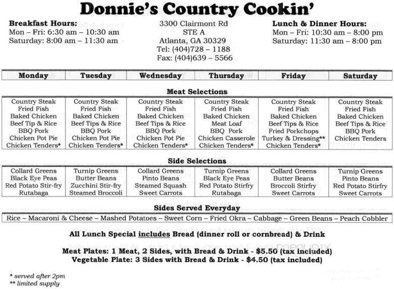 Donnie's Country Cooking - Atlanta, GA menu_pic