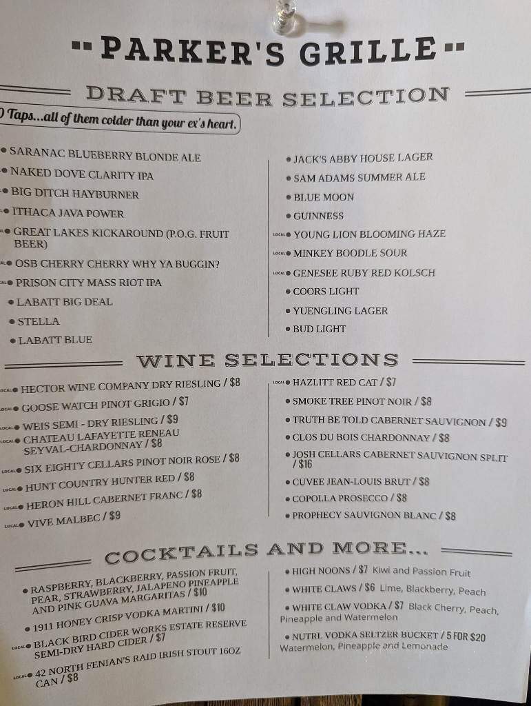 Parker's Grille & Tap House - Geneva, NY menu_pic