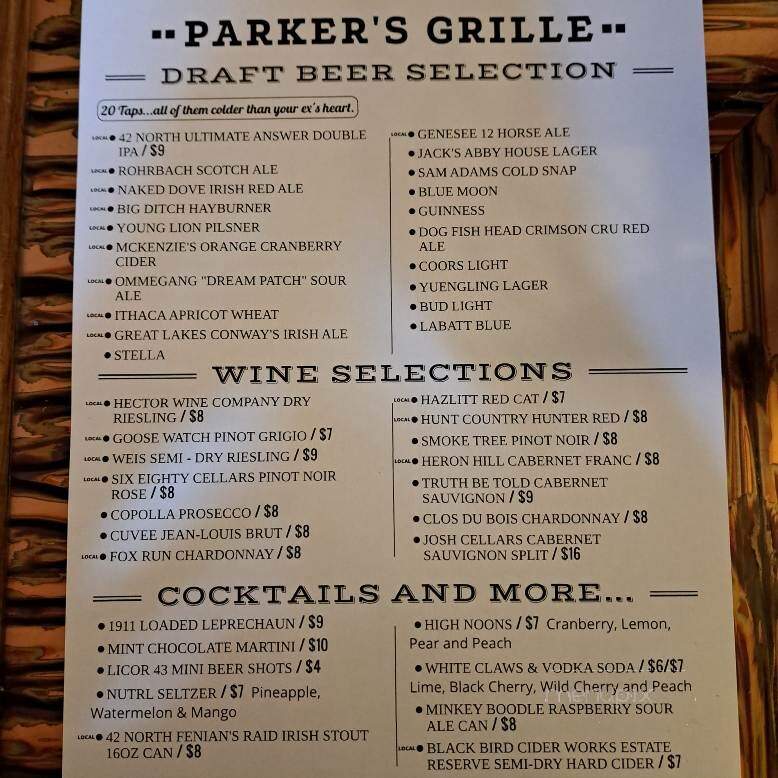 Parker's Grille & Tap House - Geneva, NY menu_pic