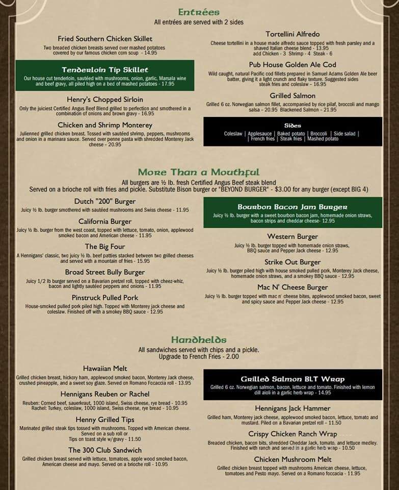 Hennigan's Restaurant - Mount Joy, PA menu_pic