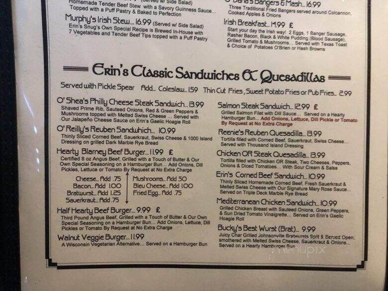 Erin's Snug Irish Pub & Restaurant - Madison, WI menu_pic