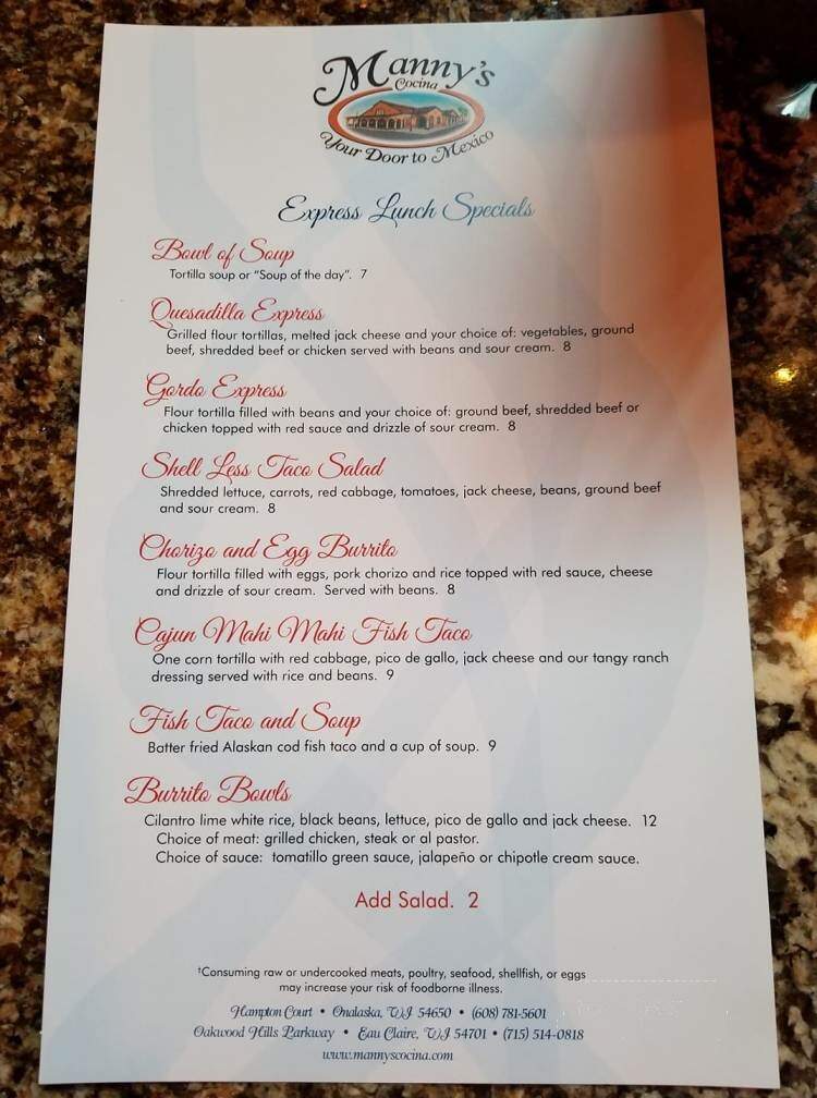 Manny's Mexican Cocina - Onalaska, WI menu_pic