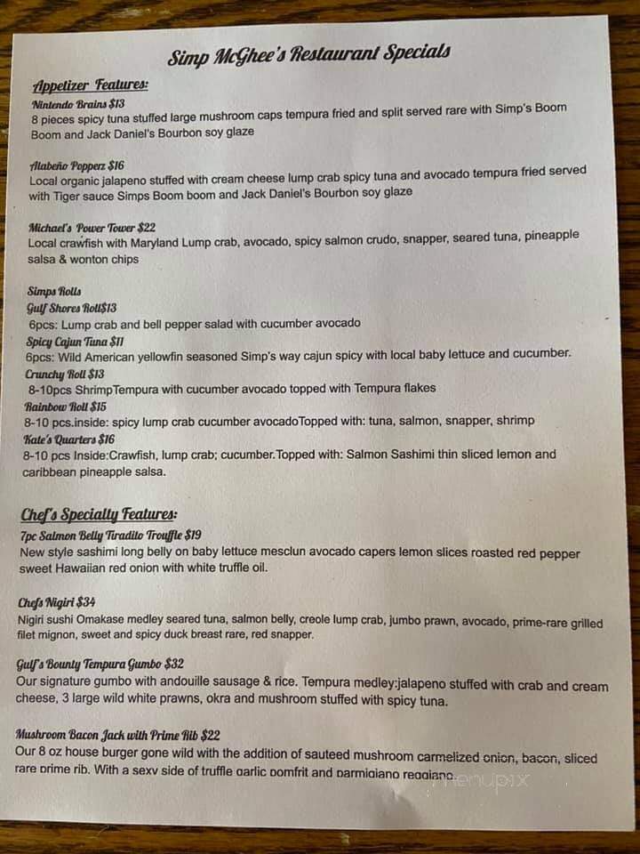 Simp Mc Ghee's - Decatur, AL menu_pic