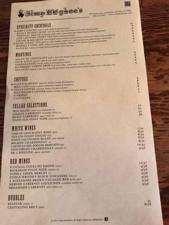 Simp Mc Ghee's - Decatur, AL menu_pic