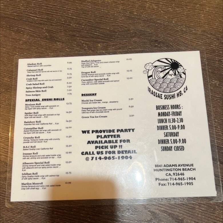 Irassae - Huntington Beach, CA menu_pic