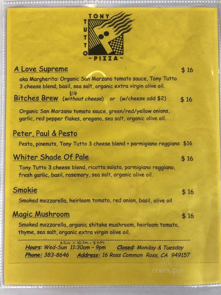 Tony Tutto Pizza - Ross, CA menu_pic