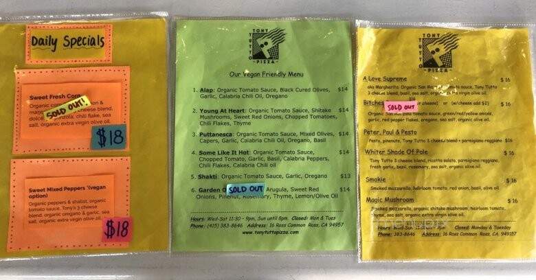 Tony Tutto Pizza - Ross, CA menu_pic