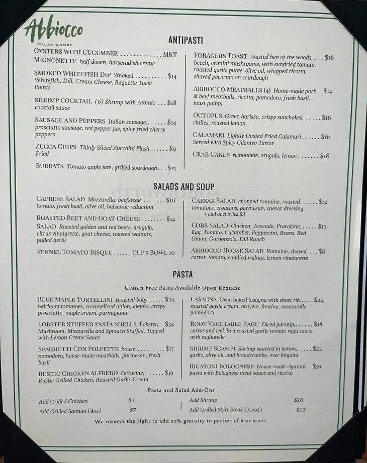 Abbiocco Italian Cuisine - Chesterton, IN menu_pic