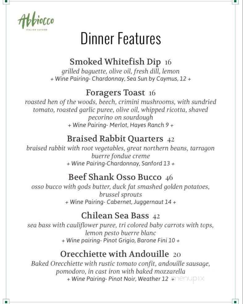Abbiocco Italian Cuisine - Chesterton, IN menu_pic