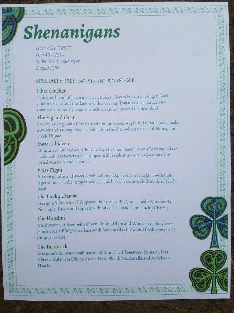 Shenanigans - Eureka, CA menu_pic