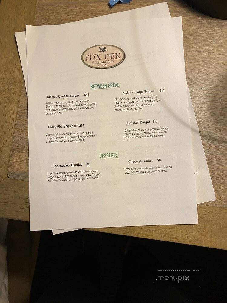 Fox Den - Pigeon Forge, TN menu_pic