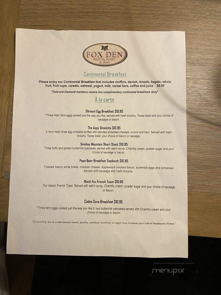 Fox Den - Pigeon Forge, TN menu_pic