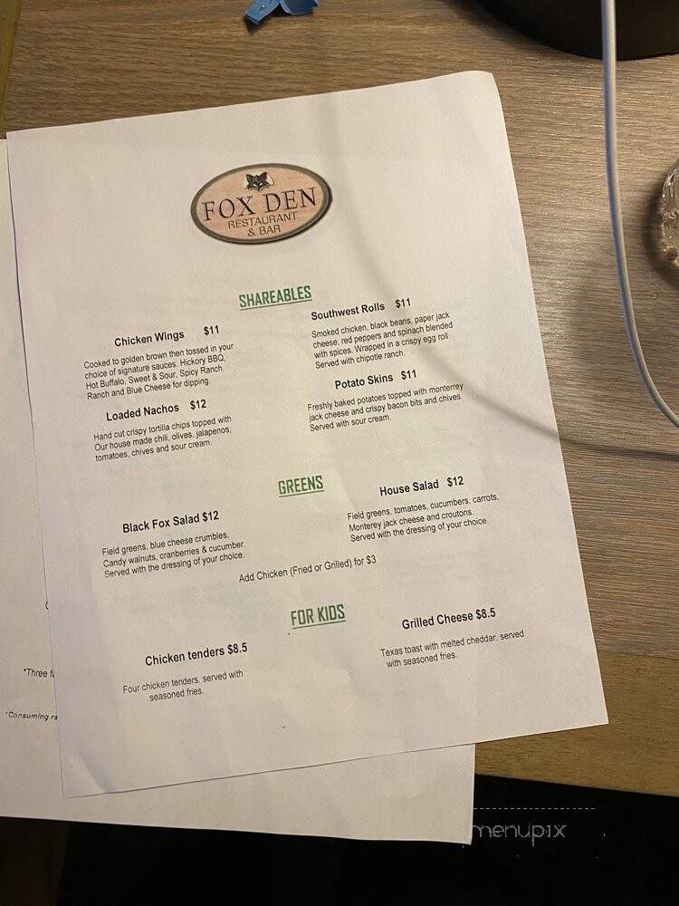 Fox Den - Pigeon Forge, TN menu_pic