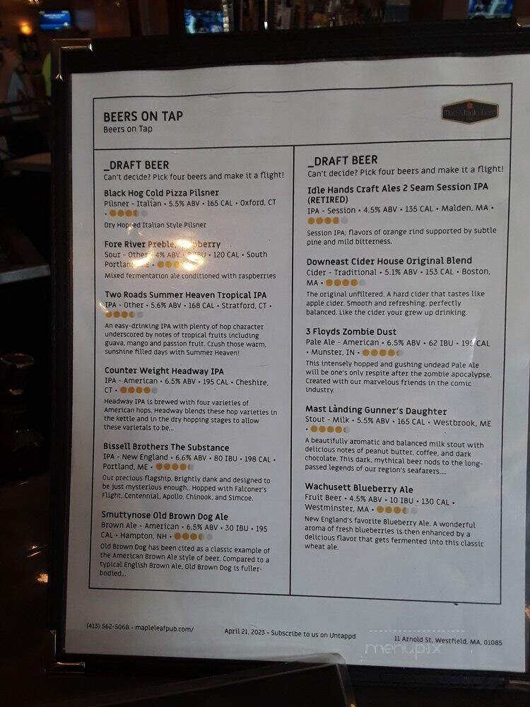 Maple Leaf Inn - Westfield, MA menu_pic