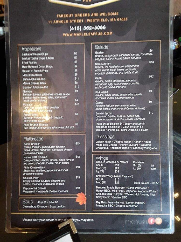 Maple Leaf Inn - Westfield, MA menu_pic