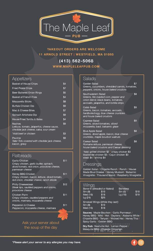 Maple Leaf Inn - Westfield, MA menu_pic