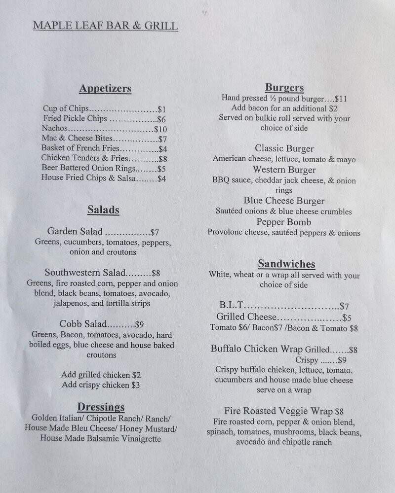 Maple Leaf Inn - Westfield, MA menu_pic