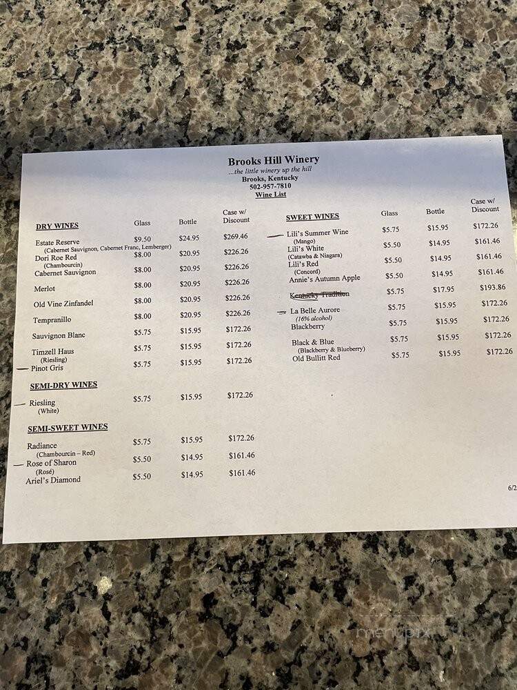 Brooks Hill Winery - Brooks, KY menu_pic