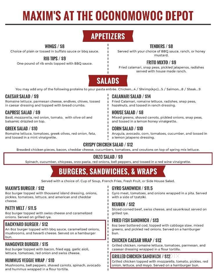 Maxim's at Oconomowoc Depot - Oconomowoc, WI menu_pic