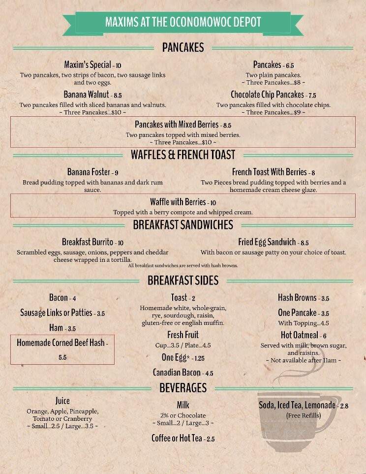 Maxim's at Oconomowoc Depot - Oconomowoc, WI menu_pic