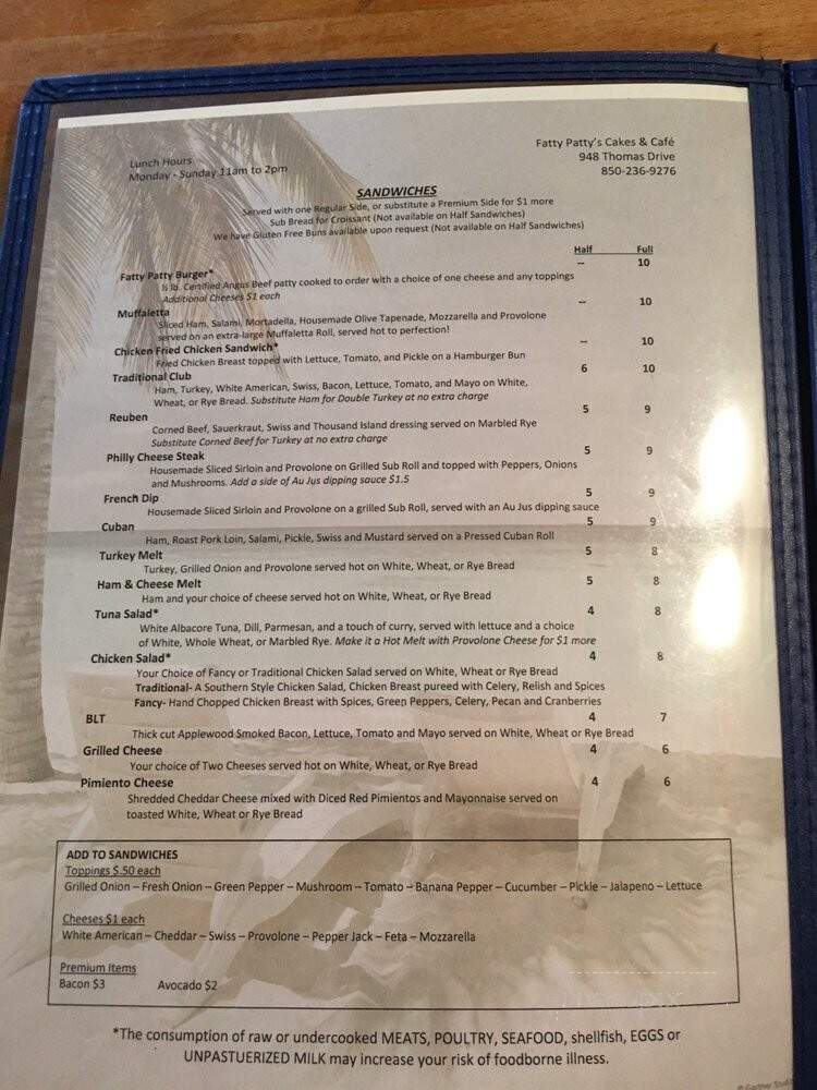 Fatty's Sandwich Shop II - Panama City Beach, FL menu_pic
