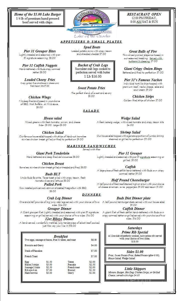 Mariners Pier 31 Yacht Club - Camdenton, MO menu_pic