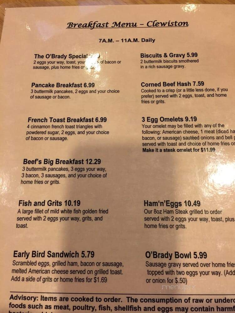 Beef O'Brady's - Clewiston, FL menu_pic