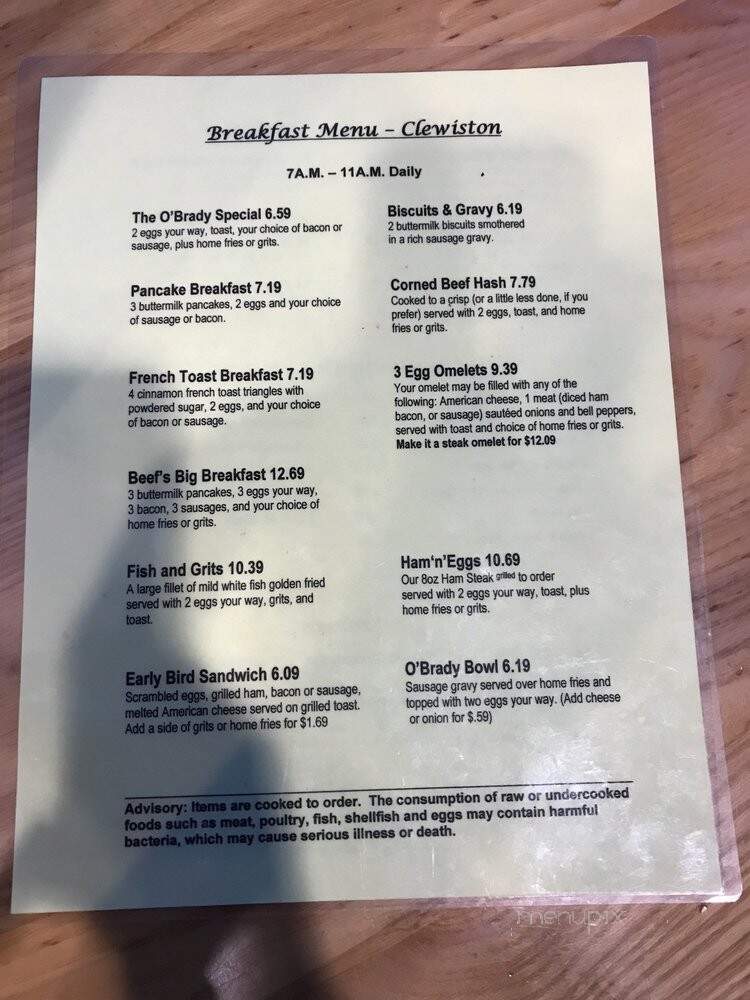 Beef O'Brady's - Clewiston, FL menu_pic