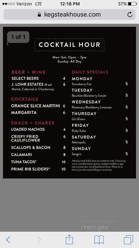 Keg Steakhouse Bar - Oro Valley - Tucson - Tucson, AZ menu_pic
