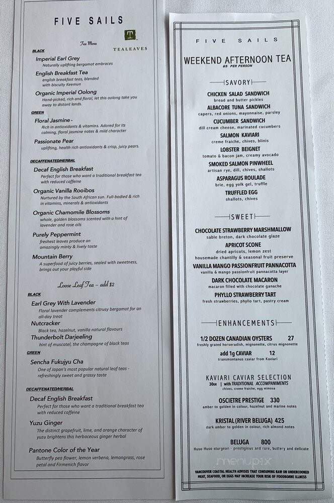 Five Sails Restaurant - Vancouver, BC menu_pic