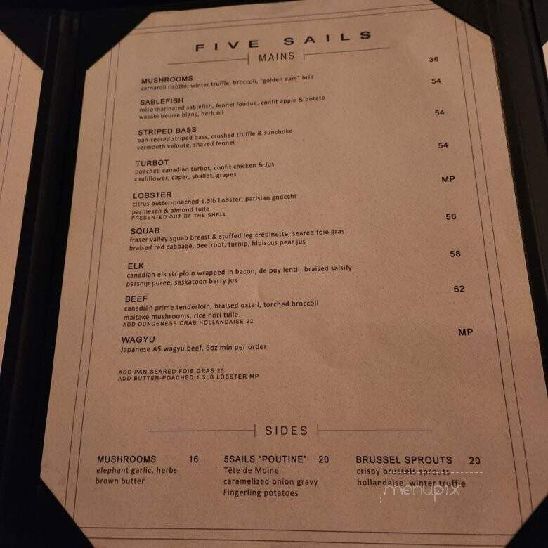 Five Sails Restaurant - Vancouver, BC menu_pic