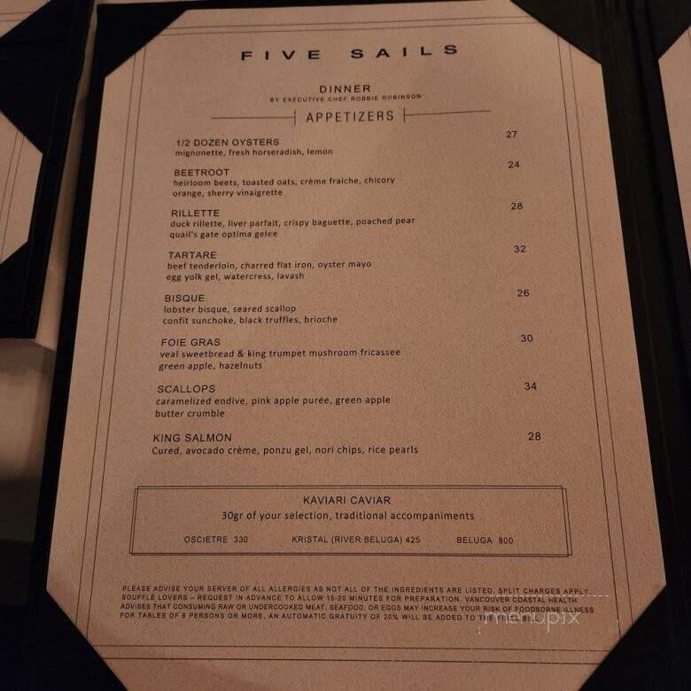 Five Sails Restaurant - Vancouver, BC menu_pic
