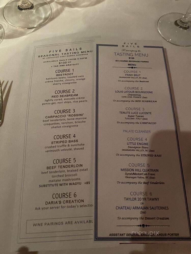 Five Sails Restaurant - Vancouver, BC menu_pic