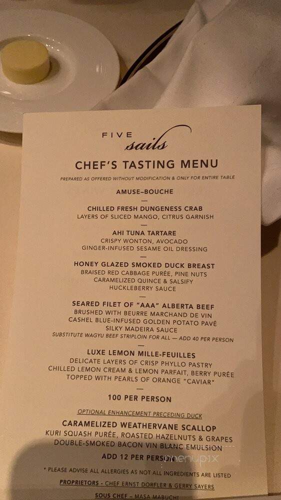 Five Sails Restaurant - Vancouver, BC menu_pic