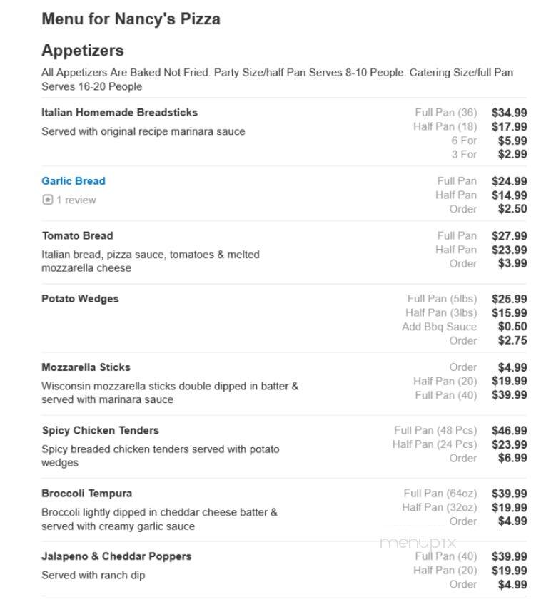 Nancy's Pizzeria - Woodridge, IL menu_pic