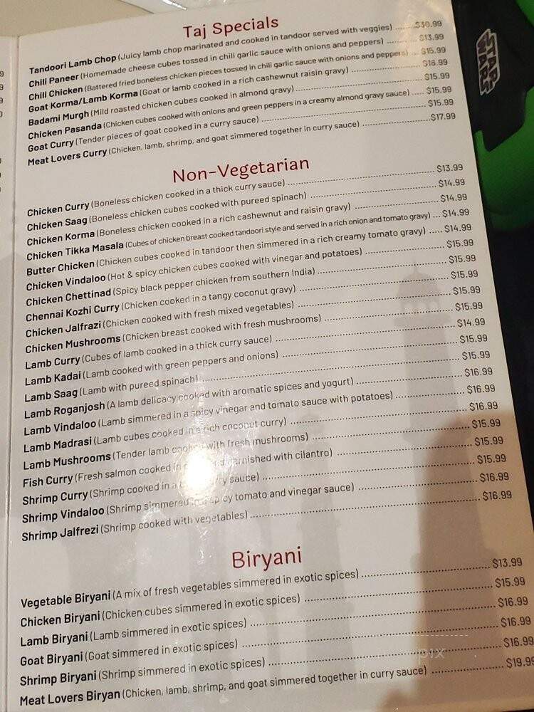 The Taj of India - Augusta, GA menu_pic