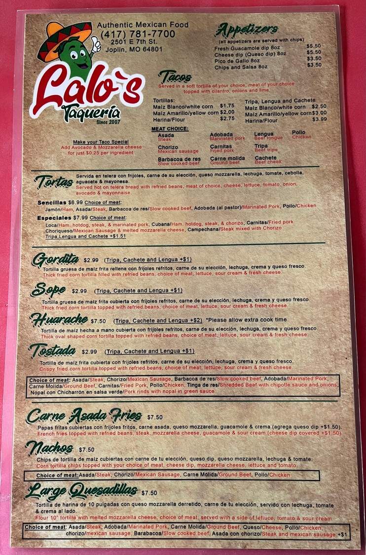 Lalo's Taqueria - Joplin, MO menu_pic