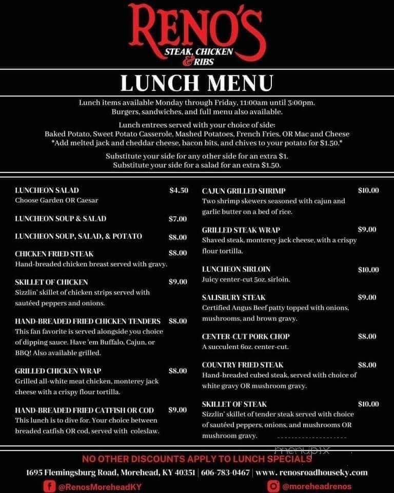 Reno's Roadhouse - Morehead, KY menu_pic