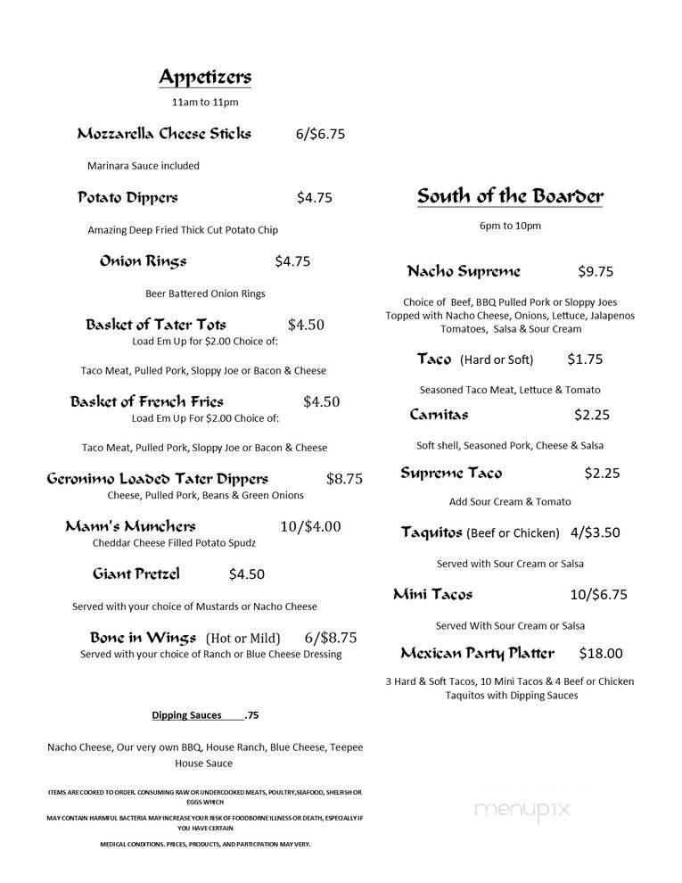 Teepee Tavern - Terre Haute, IN menu_pic