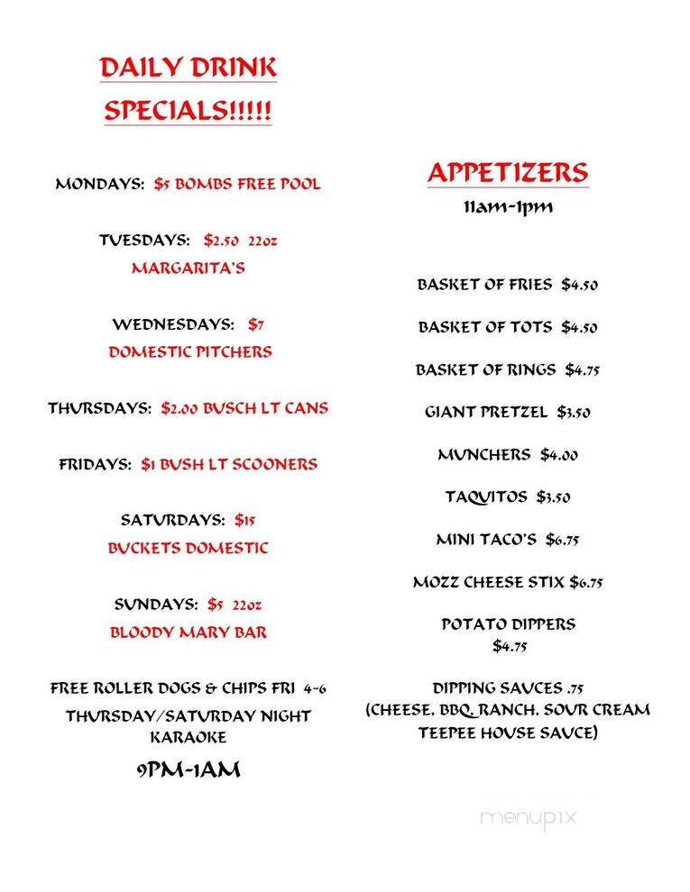 Teepee Tavern - Terre Haute, IN menu_pic