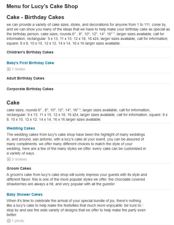 Lucy's Cake Shop - San Antonio, TX menu_pic