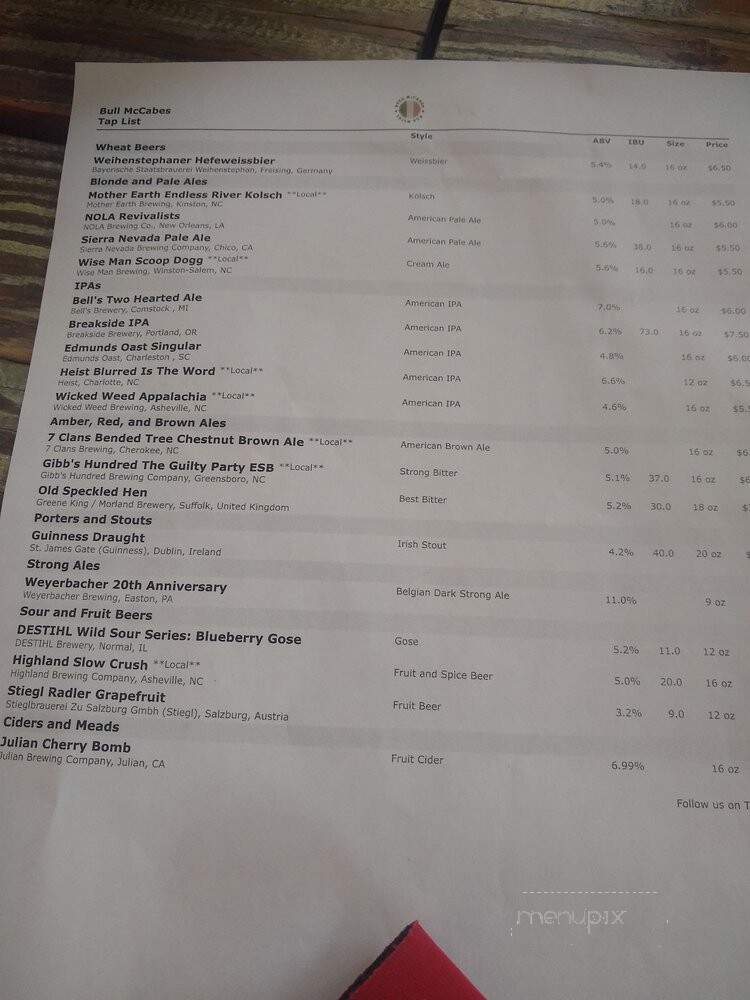 Bull McCabe's Irish Pub - Durham, NC menu_pic