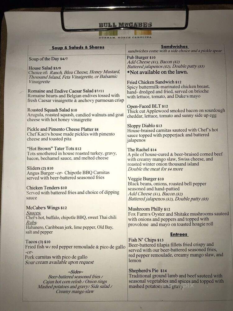 Bull McCabe's Irish Pub - Durham, NC menu_pic