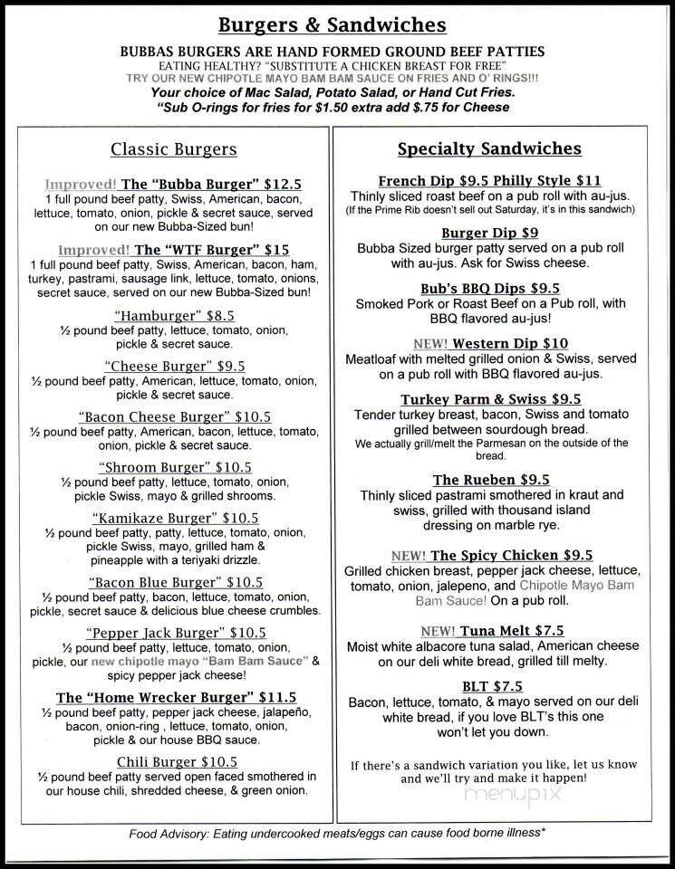Bubba's Roadhouse Incorporated - Sultan, WA menu_pic