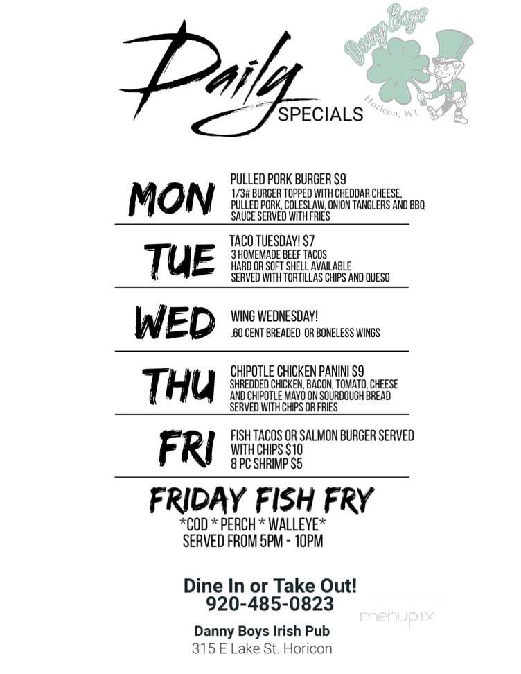 Dannyboys Pub & Grill - Horicon, WI menu_pic