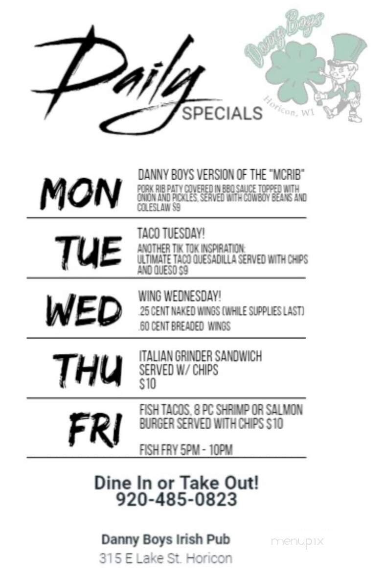 Dannyboys Pub & Grill - Horicon, WI menu_pic