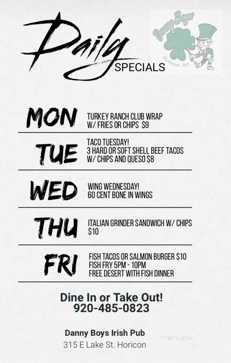 Dannyboys Pub & Grill - Horicon, WI menu_pic