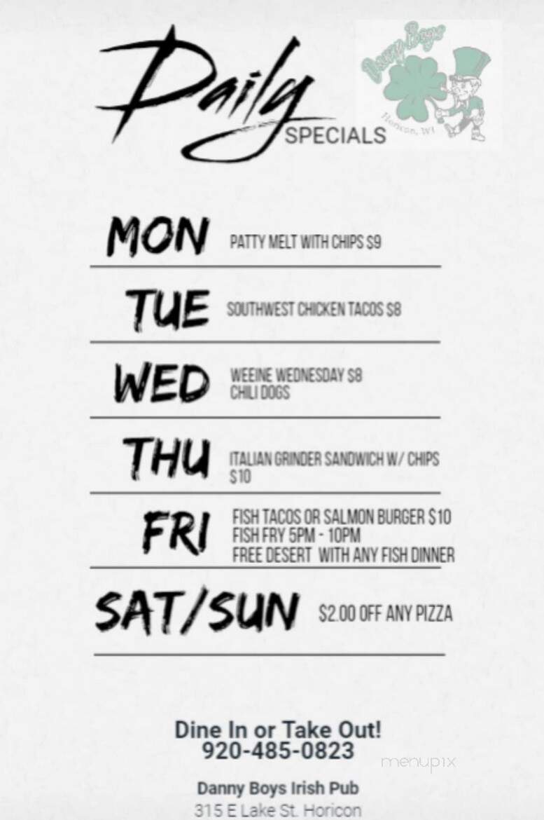 Dannyboys Pub & Grill - Horicon, WI menu_pic