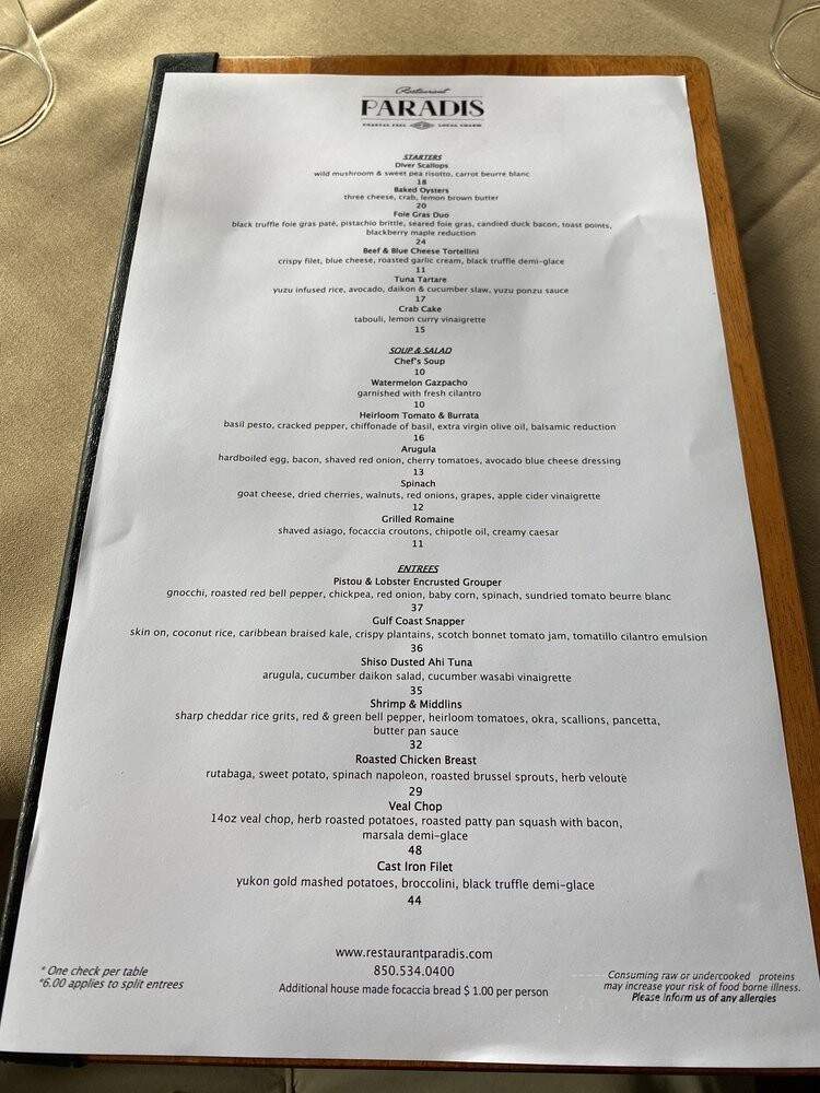Restaurant Paradis - Panama City, FL menu_pic